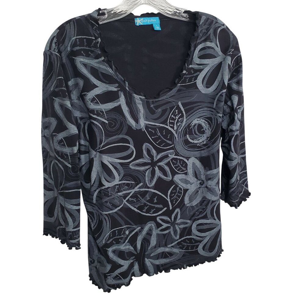 Fresh Produce Womens L Shirt Floral Print Ruffle Trim Cotton 3/4 Sleeve Lightwei